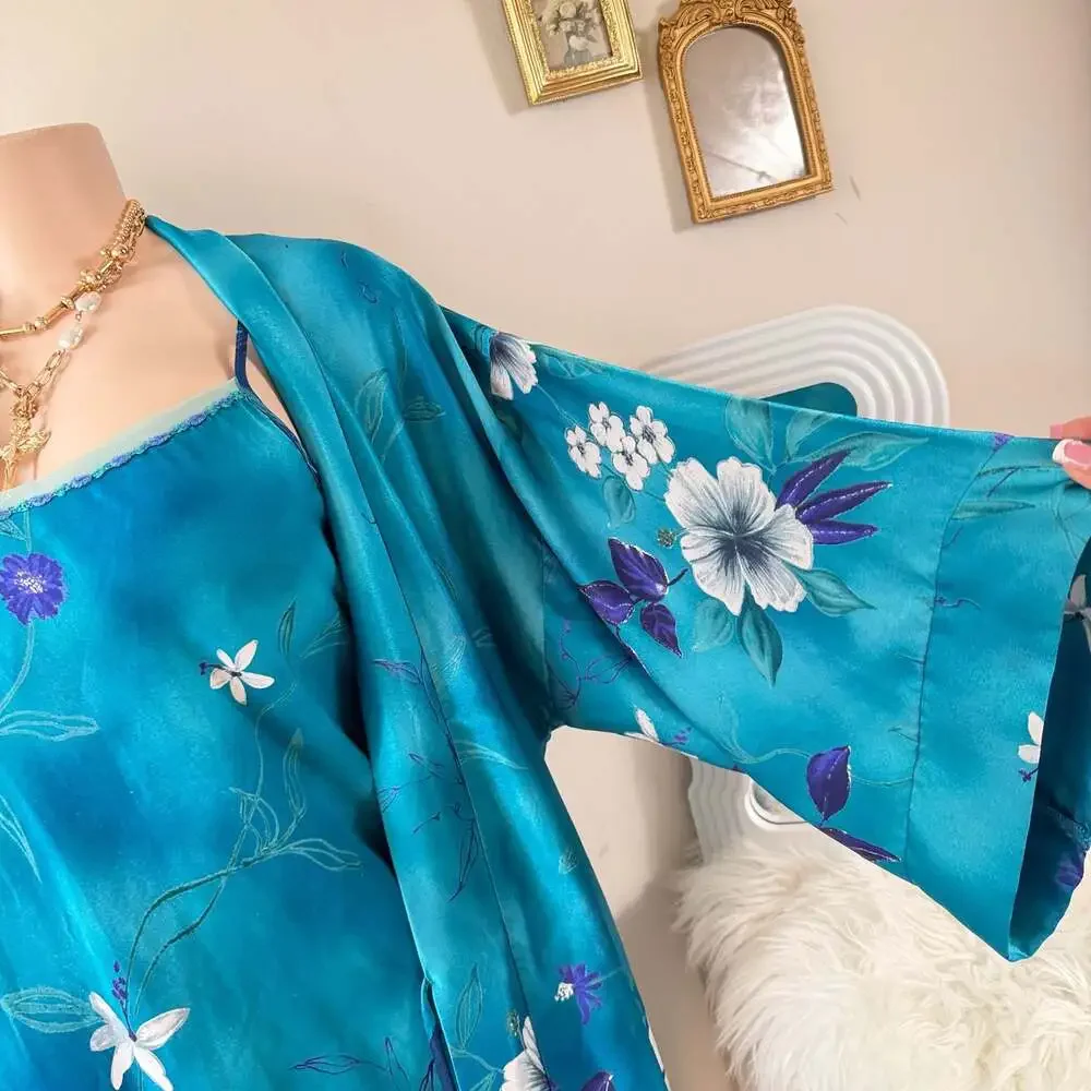 Vintage Tropical Floral Silk Chemise Slip Dress and Matching Robe Set